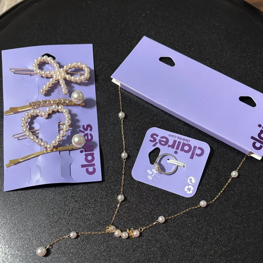 Claire's Accessories Rhinestone Pearl Hair Clip, Peace Sign Ring, And Y Necklace